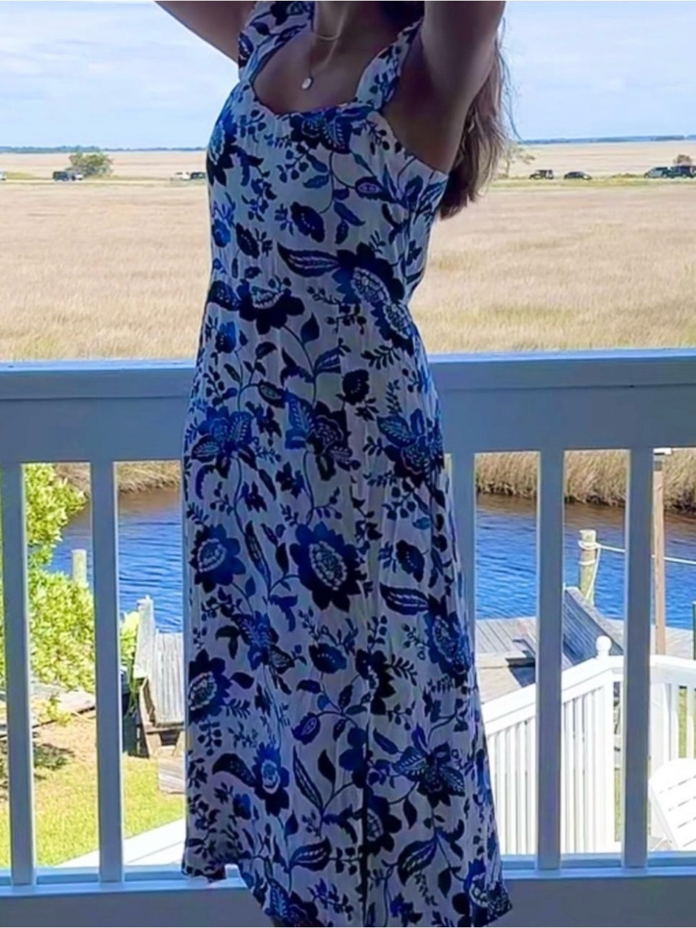 LOFT Blue and White Floral Tie-Strap Midi Dress